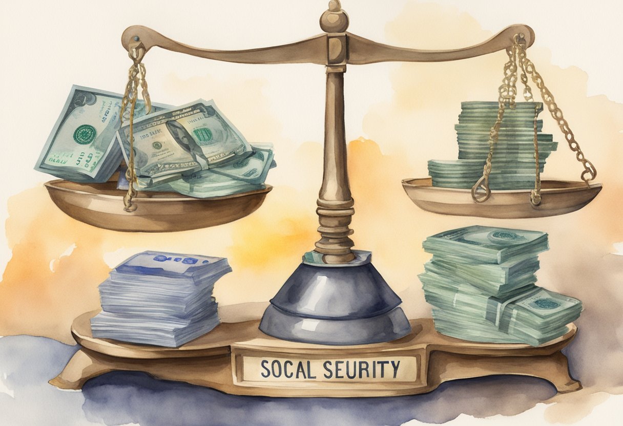 A scale weighing stacks of money, with "Social Security" written on one side and various sources of income on the other