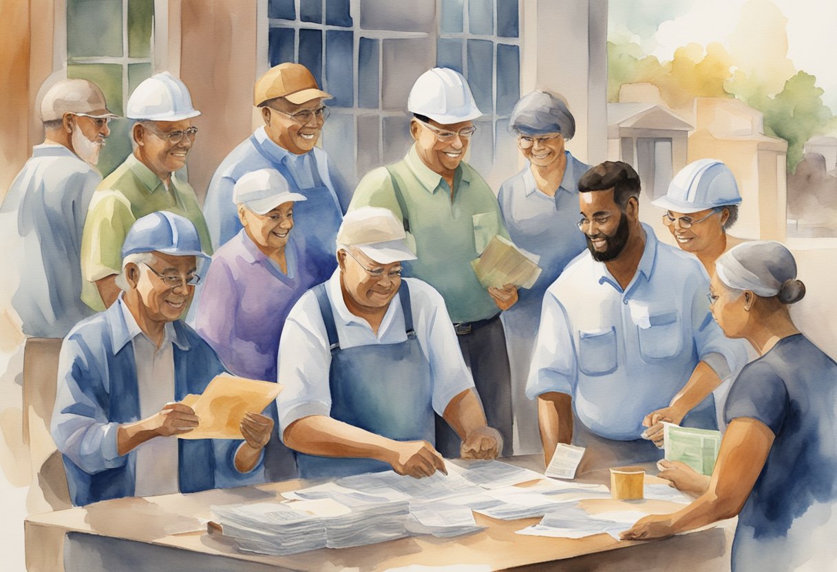 A diverse group of workers contributing money to a large social security fund, with a prominent focus on disability benefits