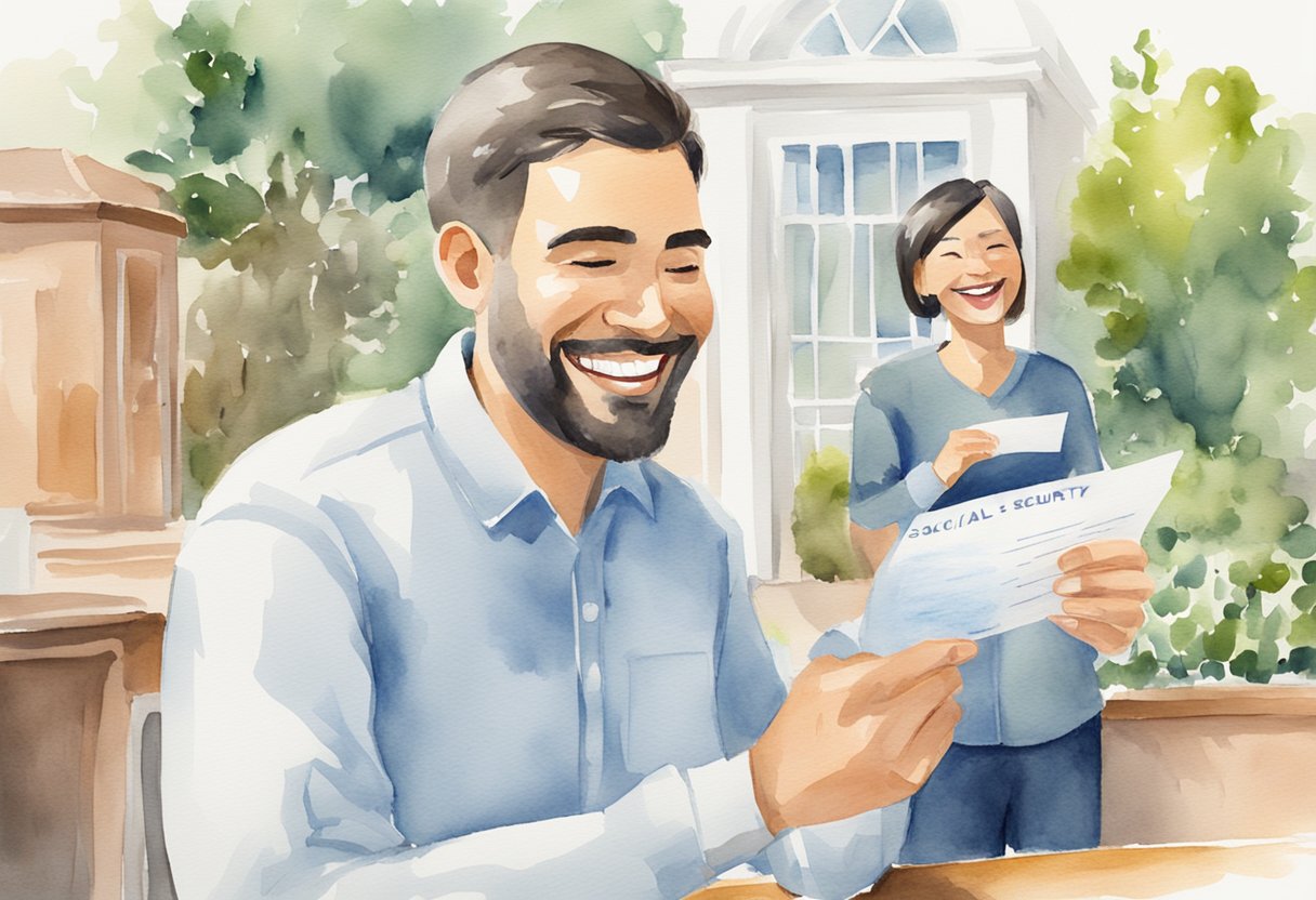 A person receiving a letter with "Social Security Bonus: $16728" highlighted. They are smiling and holding the letter in excitement