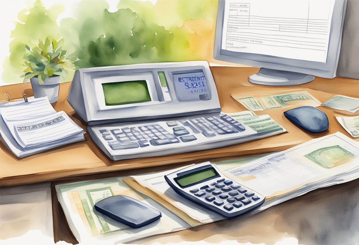 A desk with a calculator, retirement savings account statement, and a computer screen showing the Social Security website with the $16728 bonus highlighted