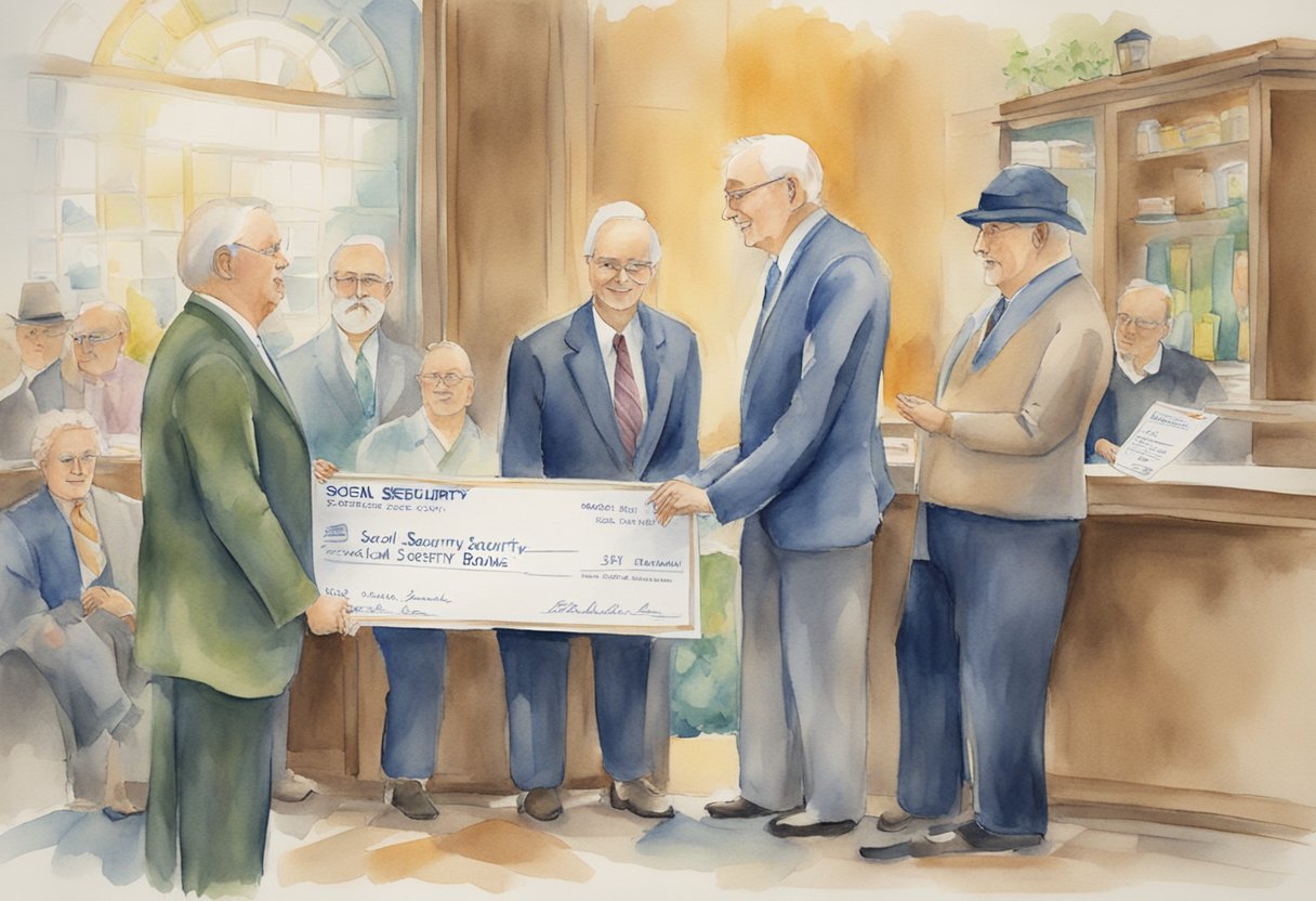 A person receiving a check for $16,728 with the words "Social Security Bonus" prominently displayed