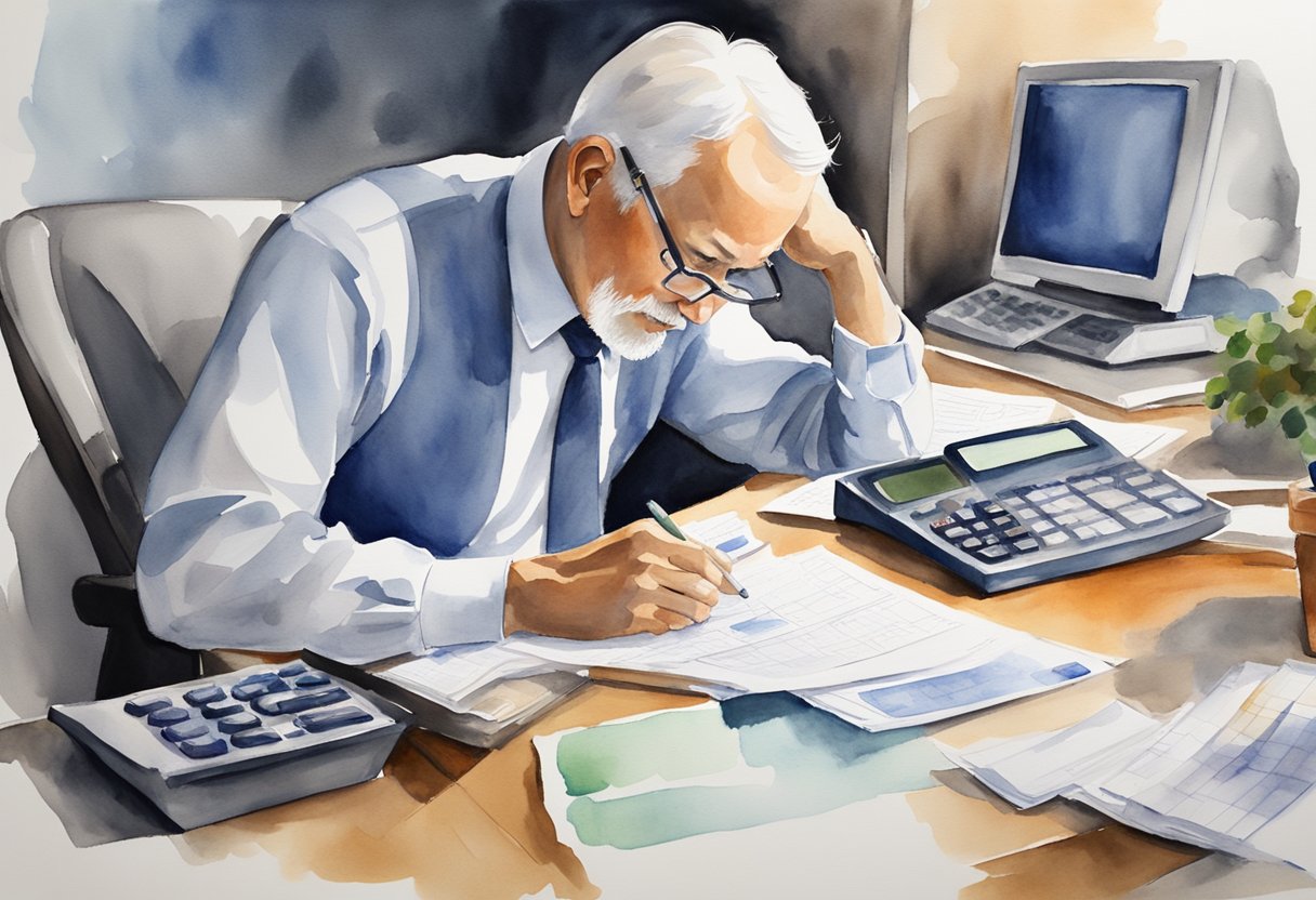 A person working at a desk with a calculator and paperwork, pondering the financial implications of claiming social security benefits at 62 while still working full time