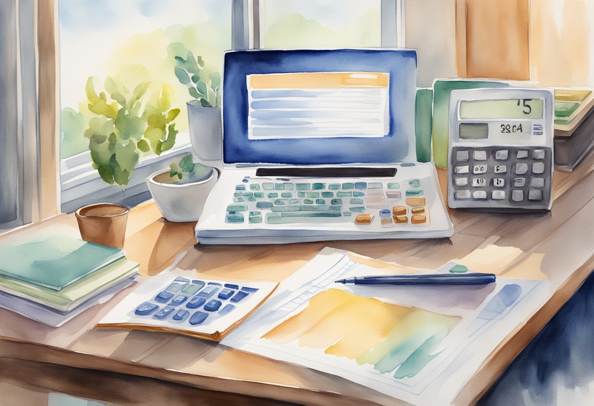A person researching Social Security benefits while working. Calculator, computer, and retirement planning books on desk
