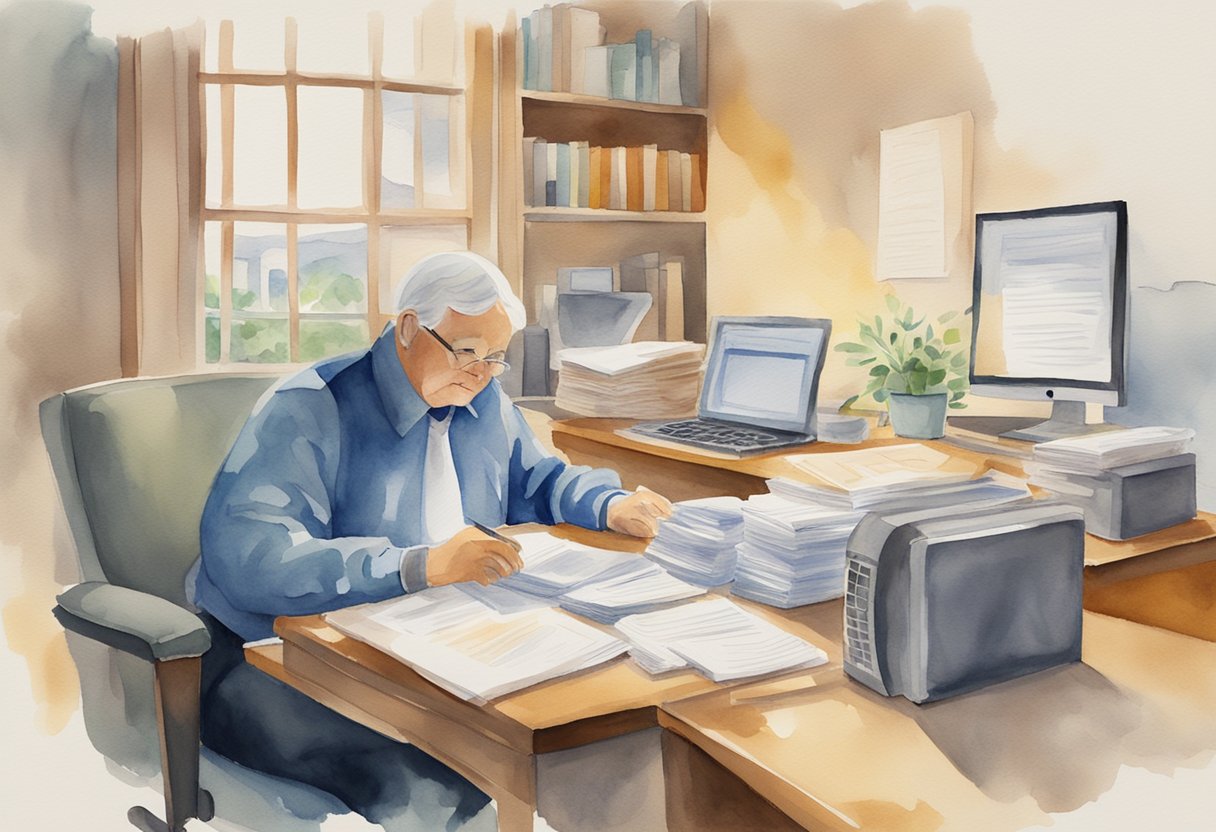 A person working at a desk with a computer, surrounded by paperwork and receiving social security benefits