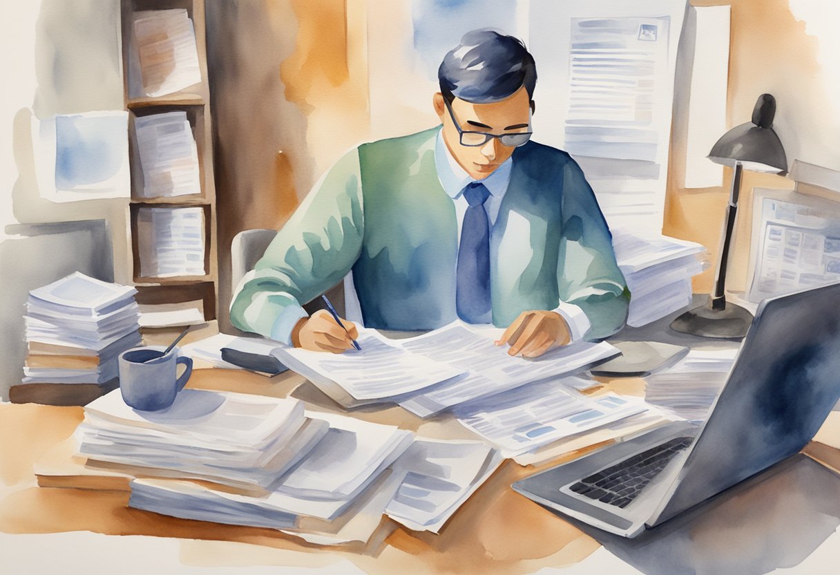 A person working at a desk with a laptop, surrounded by tax forms and documents related to social security and employment