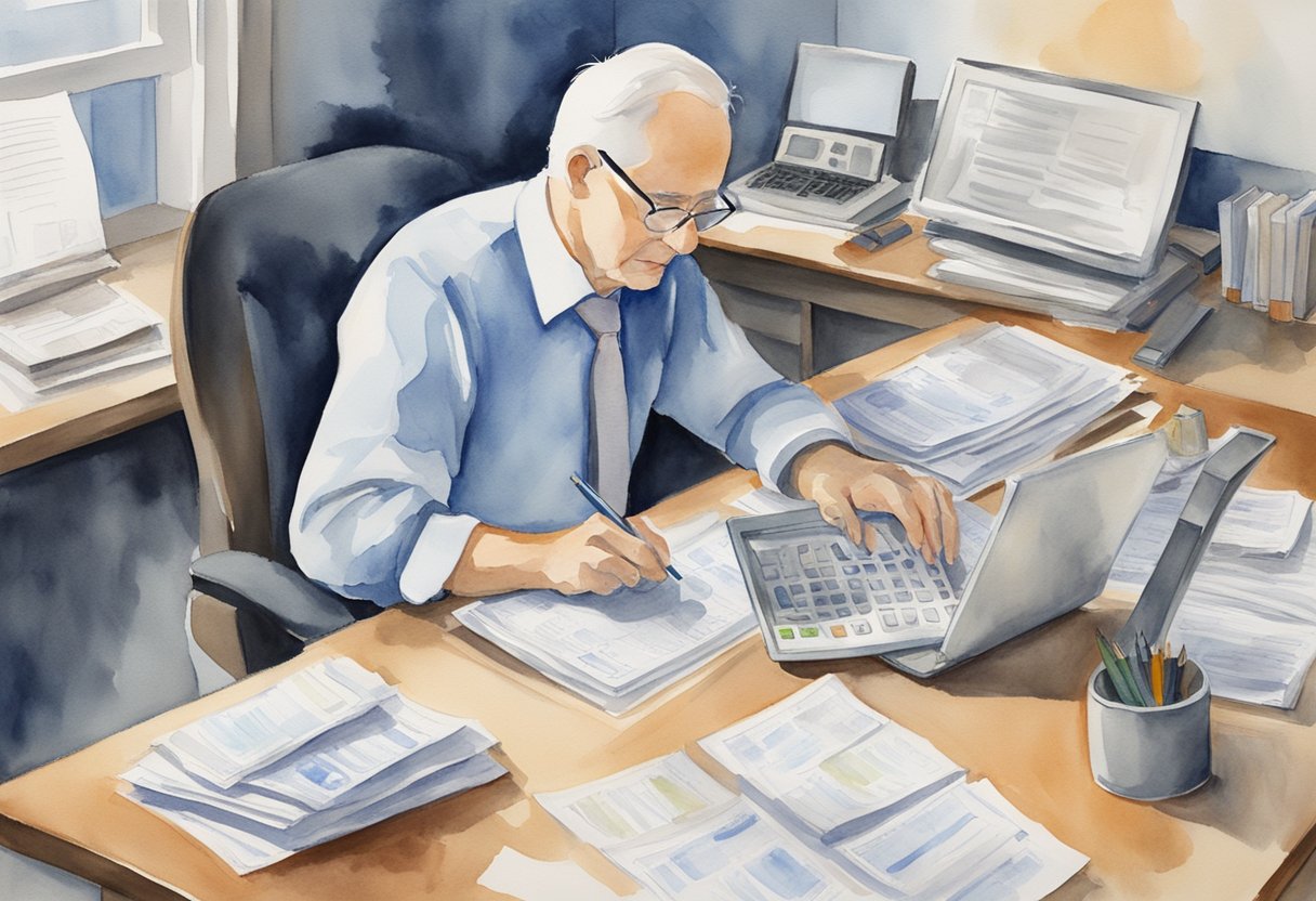 A person working at a desk with a computer, surrounded by financial documents and a calendar. The person is looking up information about drawing social security at age 62 while still working full time