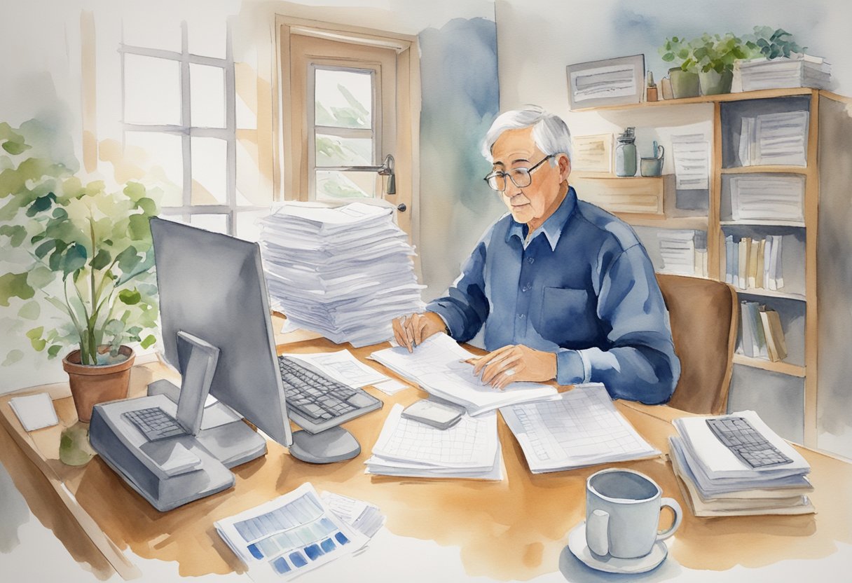 A person working at a desk with a computer, surrounded by papers and a calendar, with a sign that says "Frequently Asked Questions: Can I draw social security at 62 and still work full time."