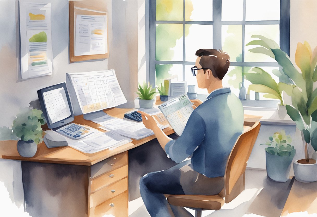 A person working happily at a desk, surrounded by financial planning documents and a calculator. A calendar on the wall shows the current date
