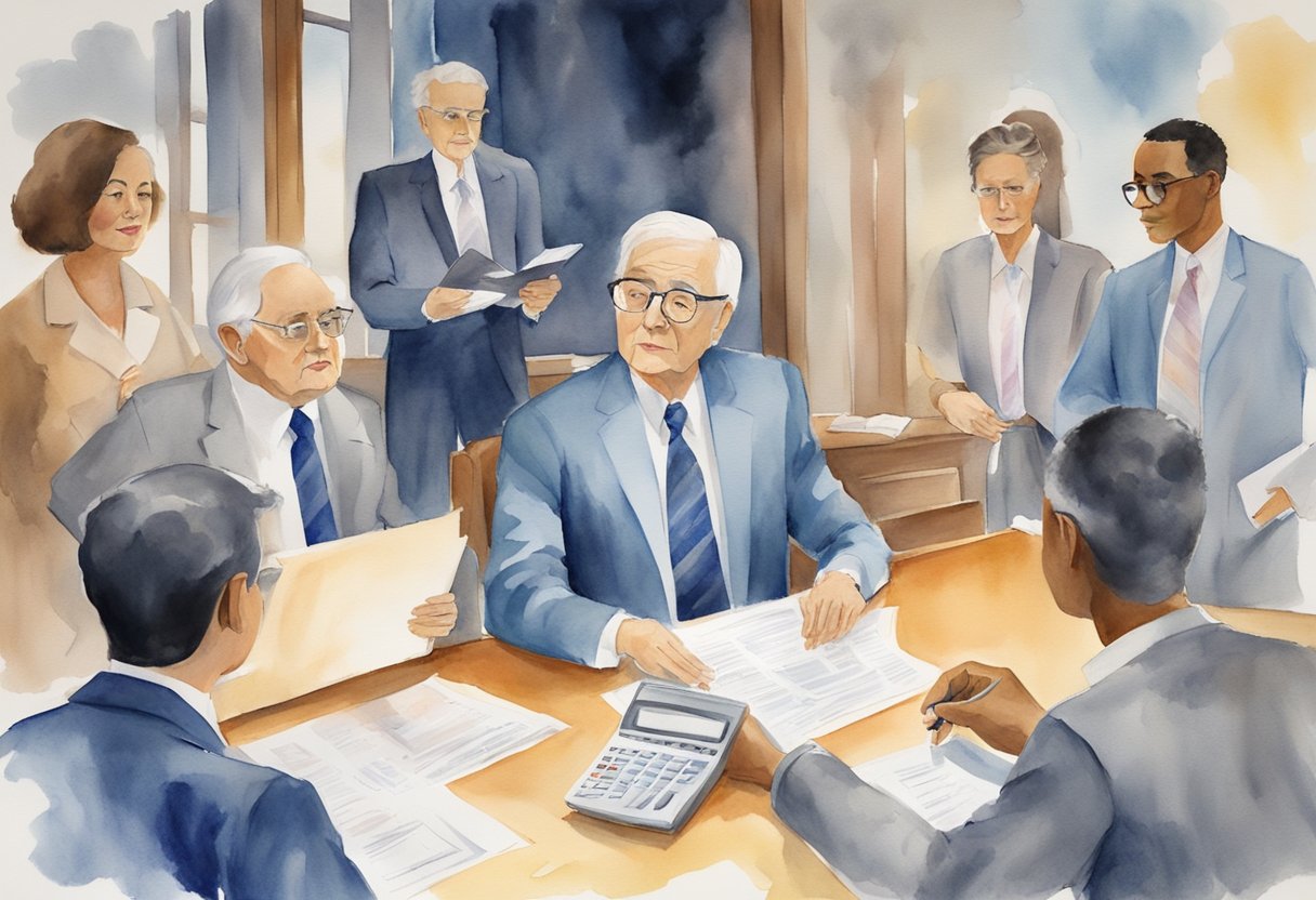 A person eagerly claiming social security benefits at a young age, surrounded by financial advisors and paperwork, with a sense of urgency and uncertainty