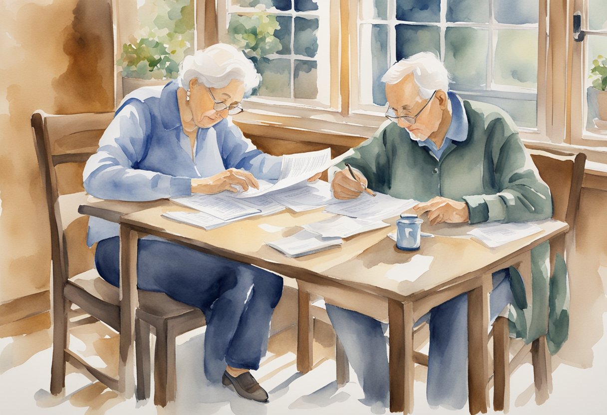 A serene elderly couple sits at a table, reviewing documents labeled "Social Security." A calendar on the wall marks their retirement age