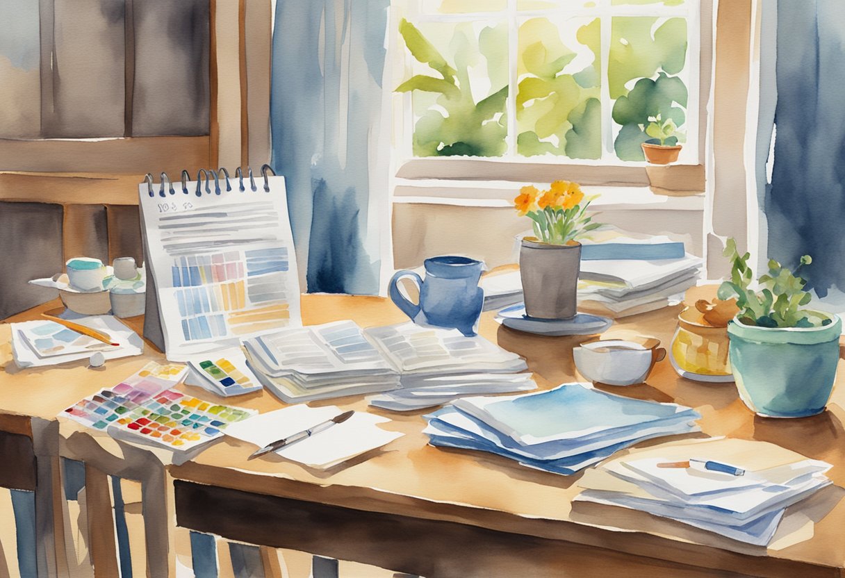 A table with AARP and retirement resources. A sign reads "At what age do you get 100% of your social security benefits?" Papers and brochures scattered around