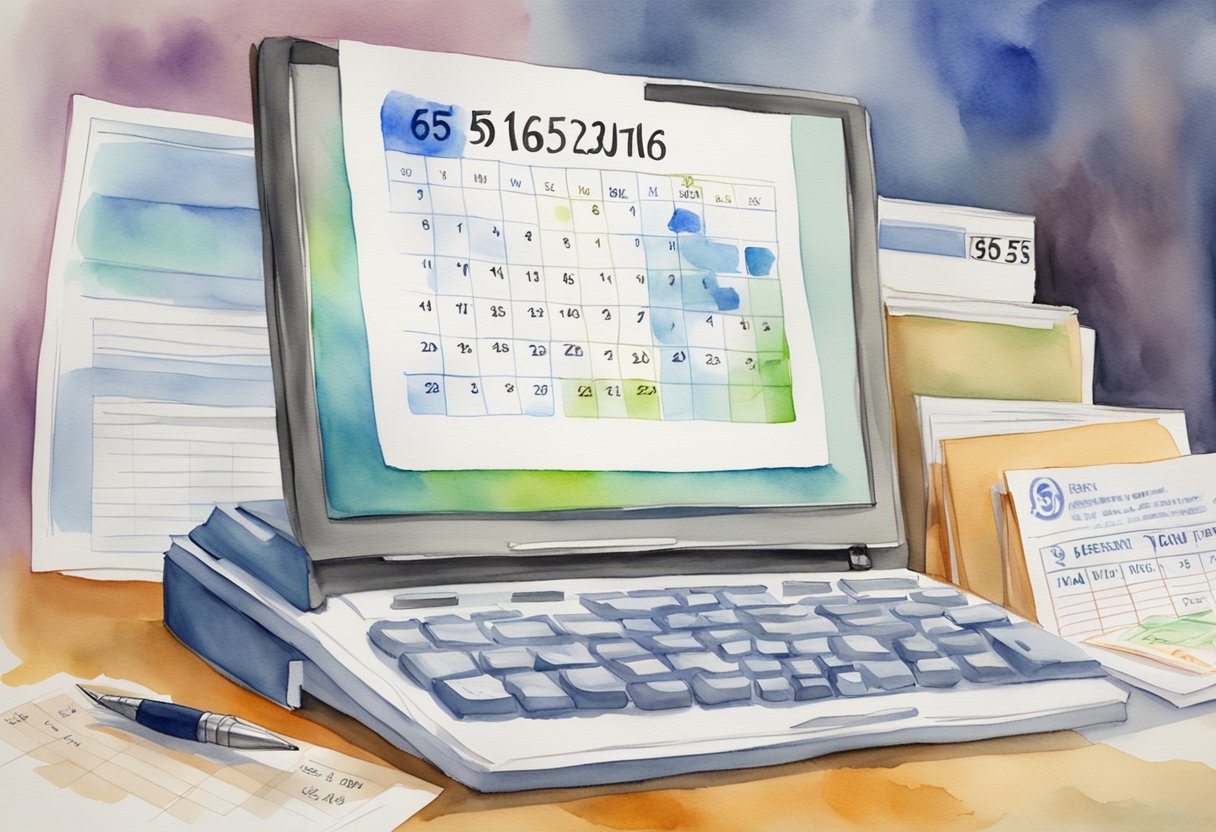A calendar with a big "65" circled, a stack of paperwork, and a computer displaying social security information