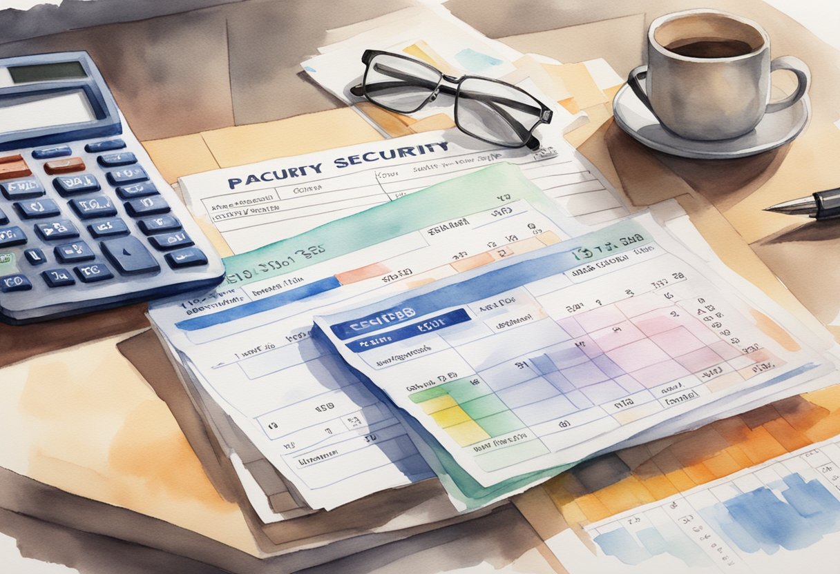 A stack of pay stubs and a social security card on a desk, with a calculator and a chart showing earnings history in the background