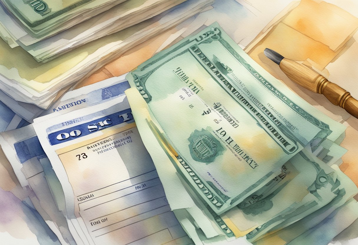 A stack of bills with a "Payment and Taxes" label, next to a "Social Security" form with a question mark