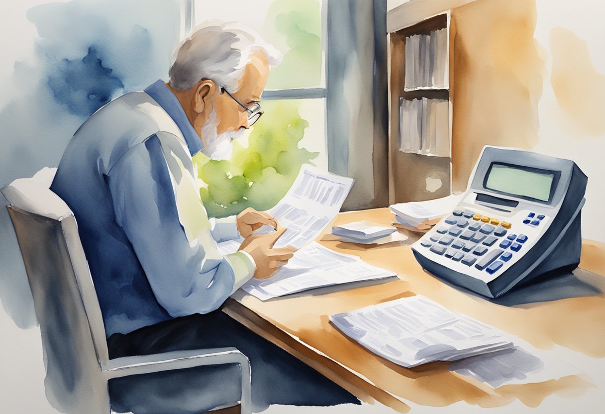 A person sitting at a desk with a calculator and papers, pondering retirement options and social security eligibility