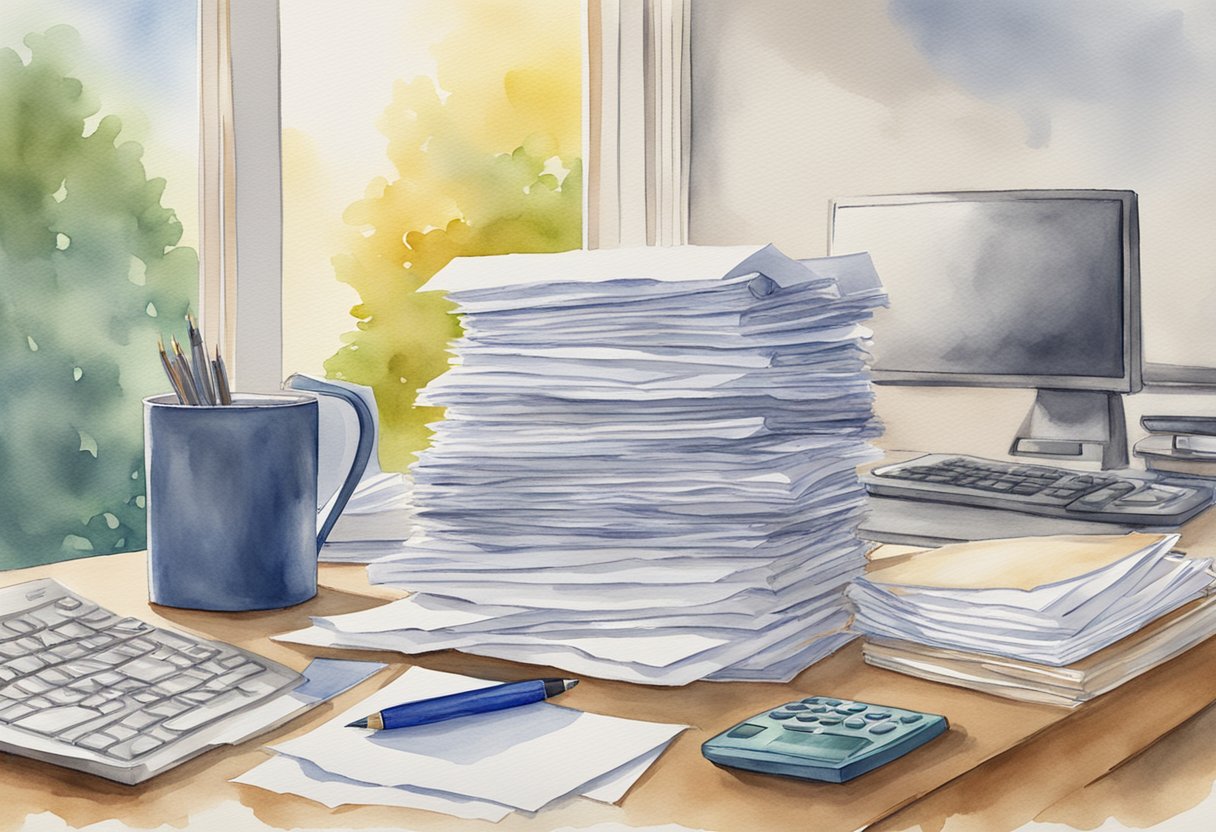 A stack of papers labeled "Frequently Asked Questions: do you get social security if you never worked" sits on a desk, surrounded by a computer and office supplies