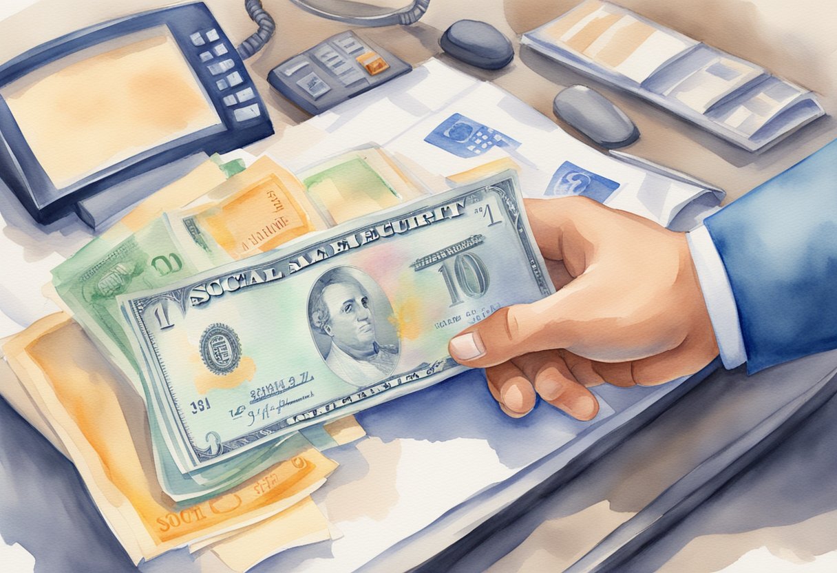 A hand holding a social security check with a $144 added to the amount. A computer or phone showing a website or phone number for social security inquiries