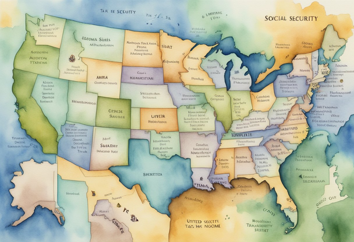 A map of the United States highlighting states that do not tax social security income, with a list of strategies to minimize tax