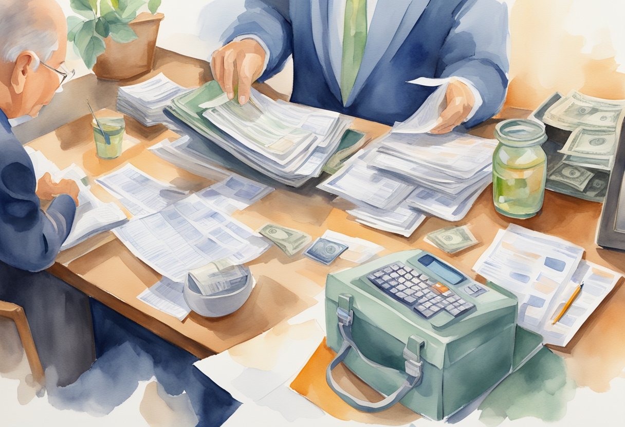 A person receiving the lowest social security payment, sitting at a desk with paperwork, calculator, and computer, surrounded by financial documents and bills