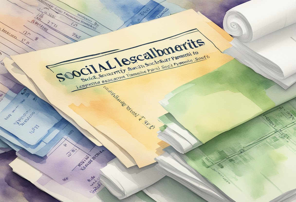A stack of papers with "Legislative Framework of Social Security Benefits" printed on top, next to a chart showing the lowest social security payment