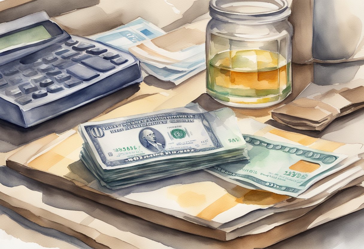 A check for the lowest Social Security payment sits alone on a kitchen table, next to a stack of bills and an empty wallet