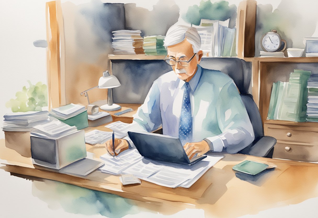 A person researching retirement accounts and social security eligibility at a desk with financial documents and a computer