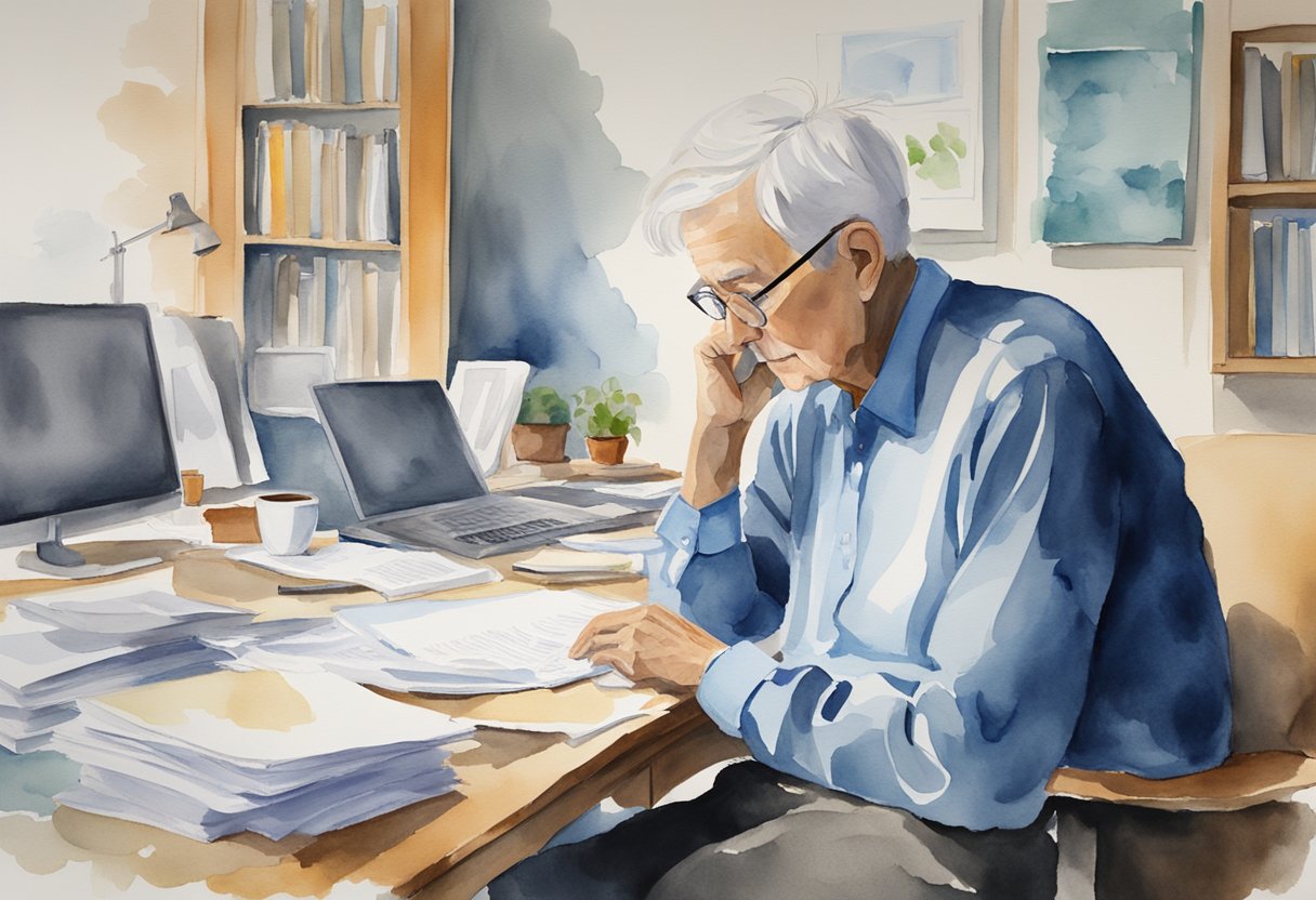An older person sits at a desk, surrounded by paperwork and a computer. They are deep in thought, contemplating retirement and health care options