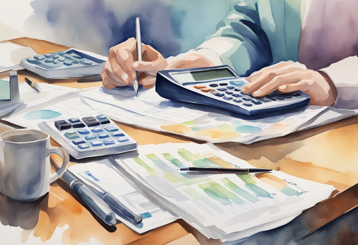 A person researching retirement options with a calculator and paperwork spread out on a desk