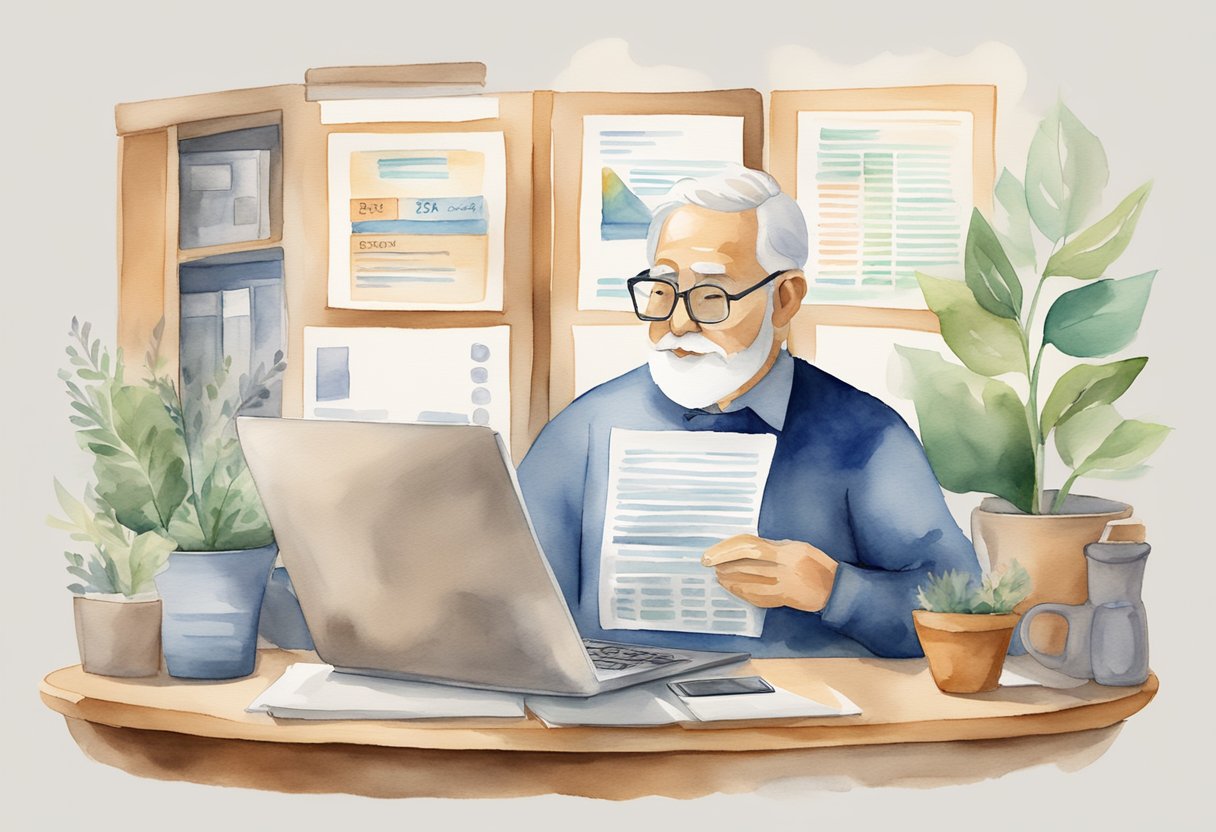 A person researching retirement options, with a calculator, financial documents, and a laptop open to a Social Security benefits webpage