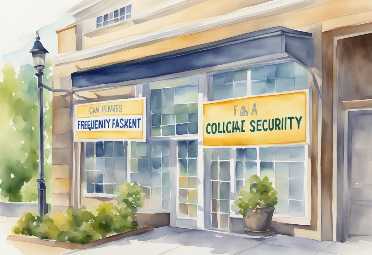 A sign with "Frequently Asked Questions: Can I retire at 55 and collect social security" displayed prominently