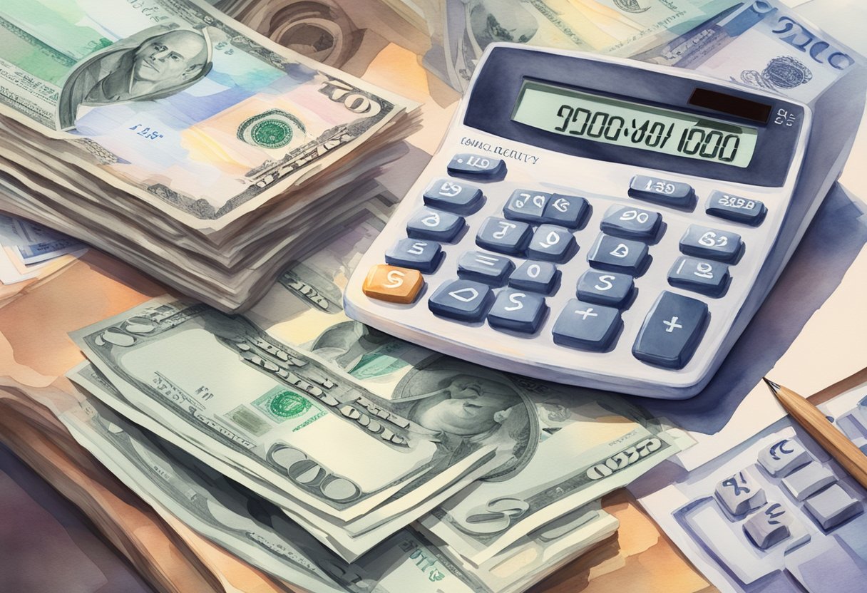 A stack of money with a Social Security card on top, surrounded by financial documents and a calculator
