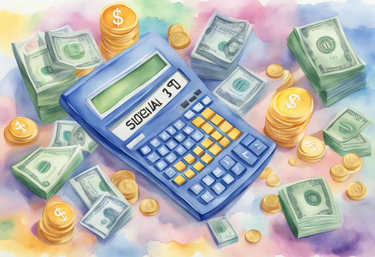 A calculator with the words "Benefits Calculation" and a cap with the words "Social Security" on it, surrounded by dollar signs