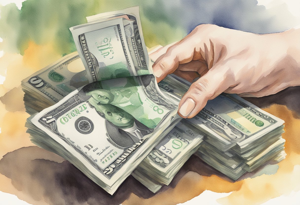 A stack of money being collected by a hand with the words "Social Security" on it, while a question mark hovers over the head of a wealthy individual
