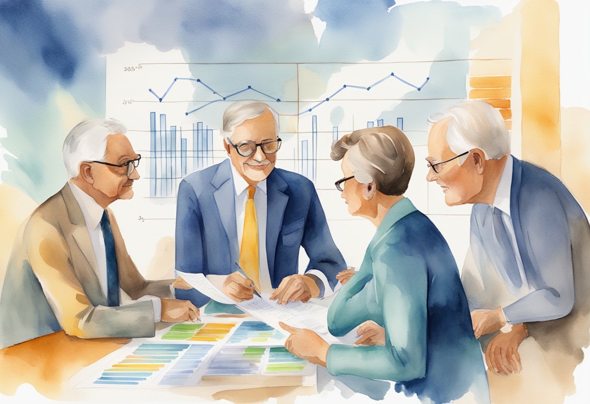 A group of high earners discussing Social Security strategy, with charts and graphs showing potential benefits and considerations