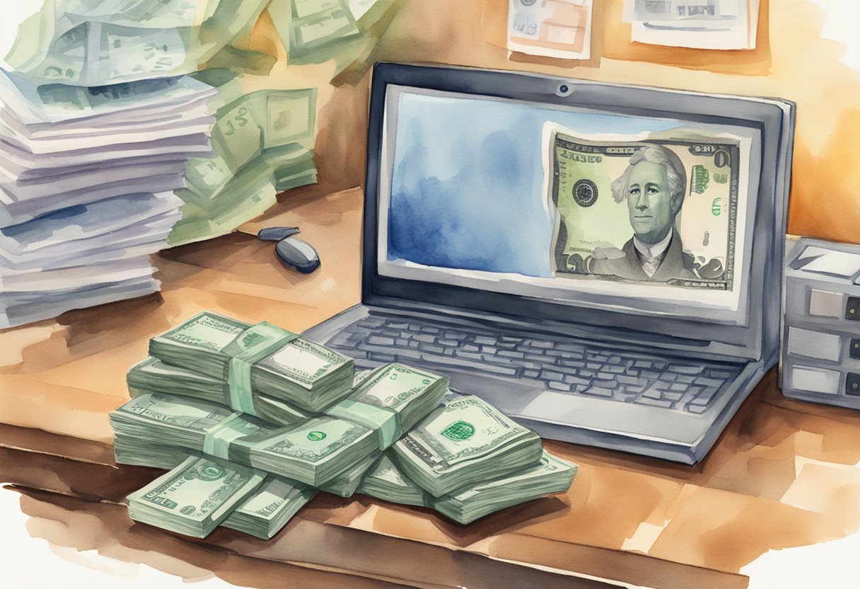 A stack of money sits on a table next to a computer screen displaying the words "Do millionaires get social security?" A puzzled expression is evident on the face of a person in the background
