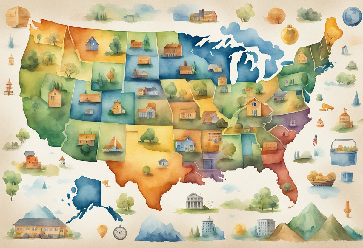 A colorful map of the United States with various icons representing different factors impacting the cost of living, such as housing, healthcare, and taxes