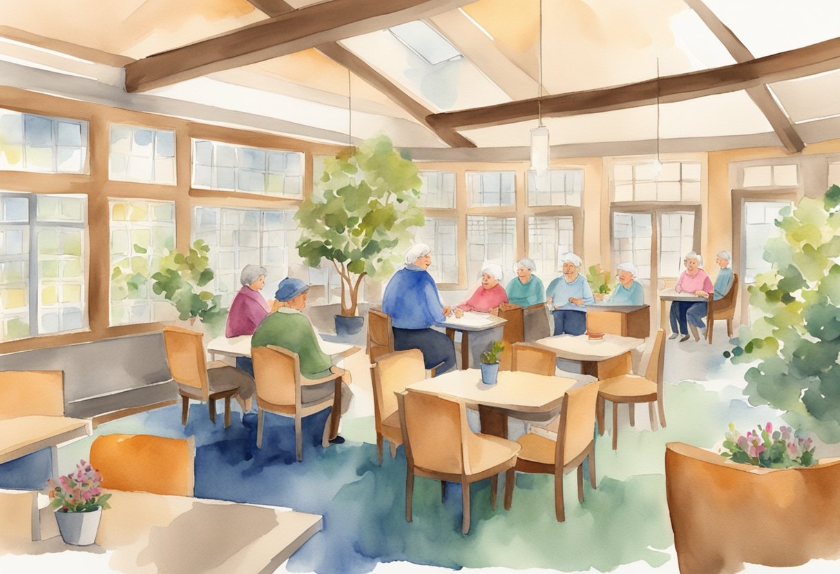 A cozy senior center with smiling staff, comfortable amenities, and easy access to medical care
