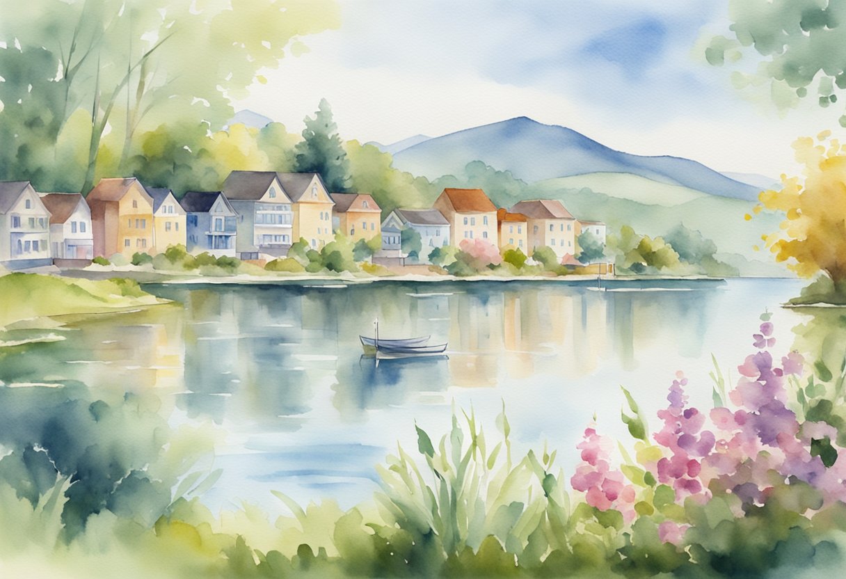 A serene lakeside with a quaint town in the background, showcasing a peaceful and affordable retirement destination for those living on social security