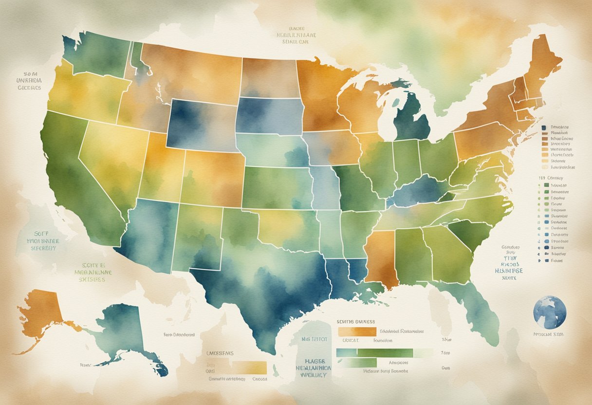 A map of the United States with financial data displayed, highlighting the best state for seniors on social security. Graphs and charts showing cost of living, tax rates, and healthcare availability
