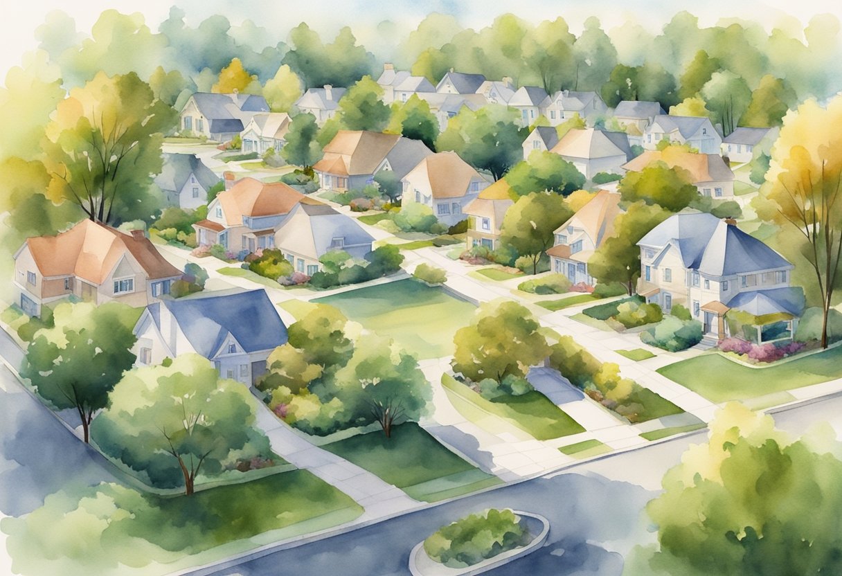 A peaceful suburban neighborhood with a park, community center, and accessible public transportation, surrounded by nature and friendly neighbors