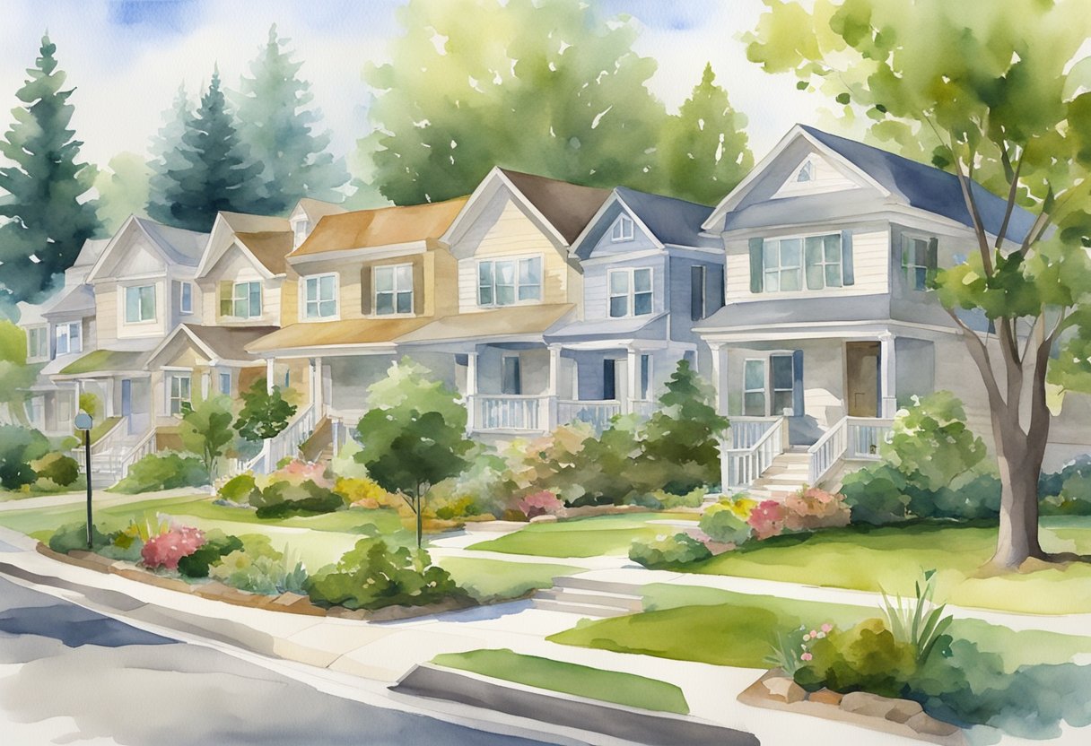 A serene, suburban neighborhood with well-kept homes and lush greenery, with a sense of community and accessibility to amenities for retirees