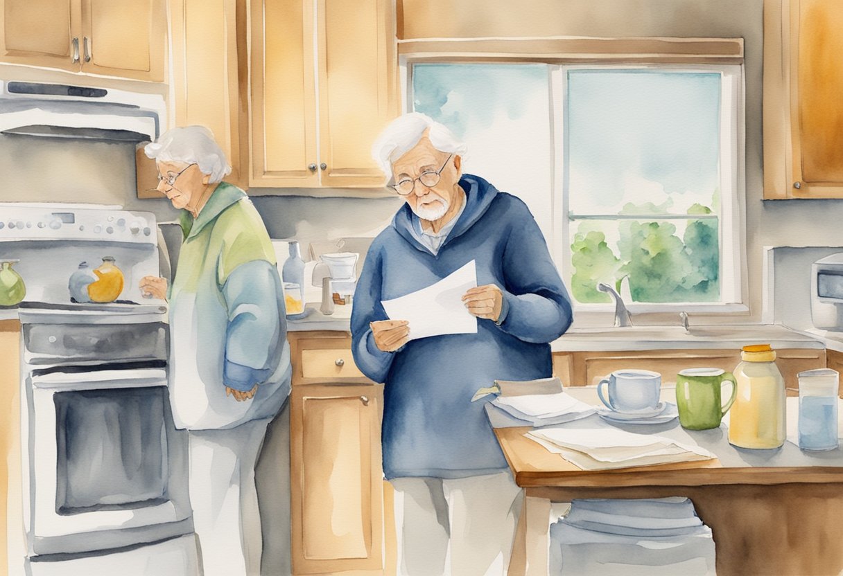 Seniors struggling with bills, relying solely on Social Security. Empty fridge, unpaid bills, worried expressions