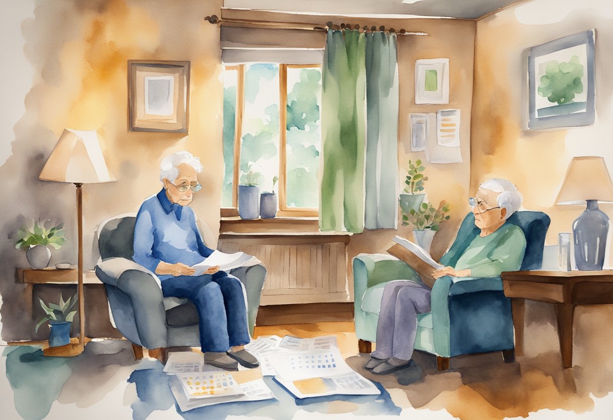 Elderly person sitting alone in a modest living room, surrounded by bills and a calendar. A sense of worry and uncertainty is evident