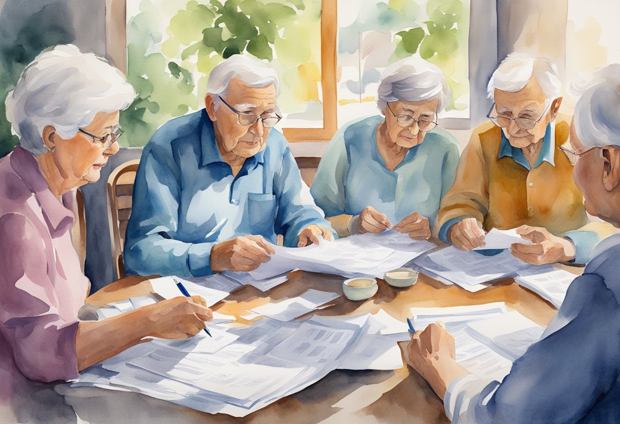 A group of seniors, surrounded by paperwork and bills, look concerned as they discuss their reliance on social security for their livelihood