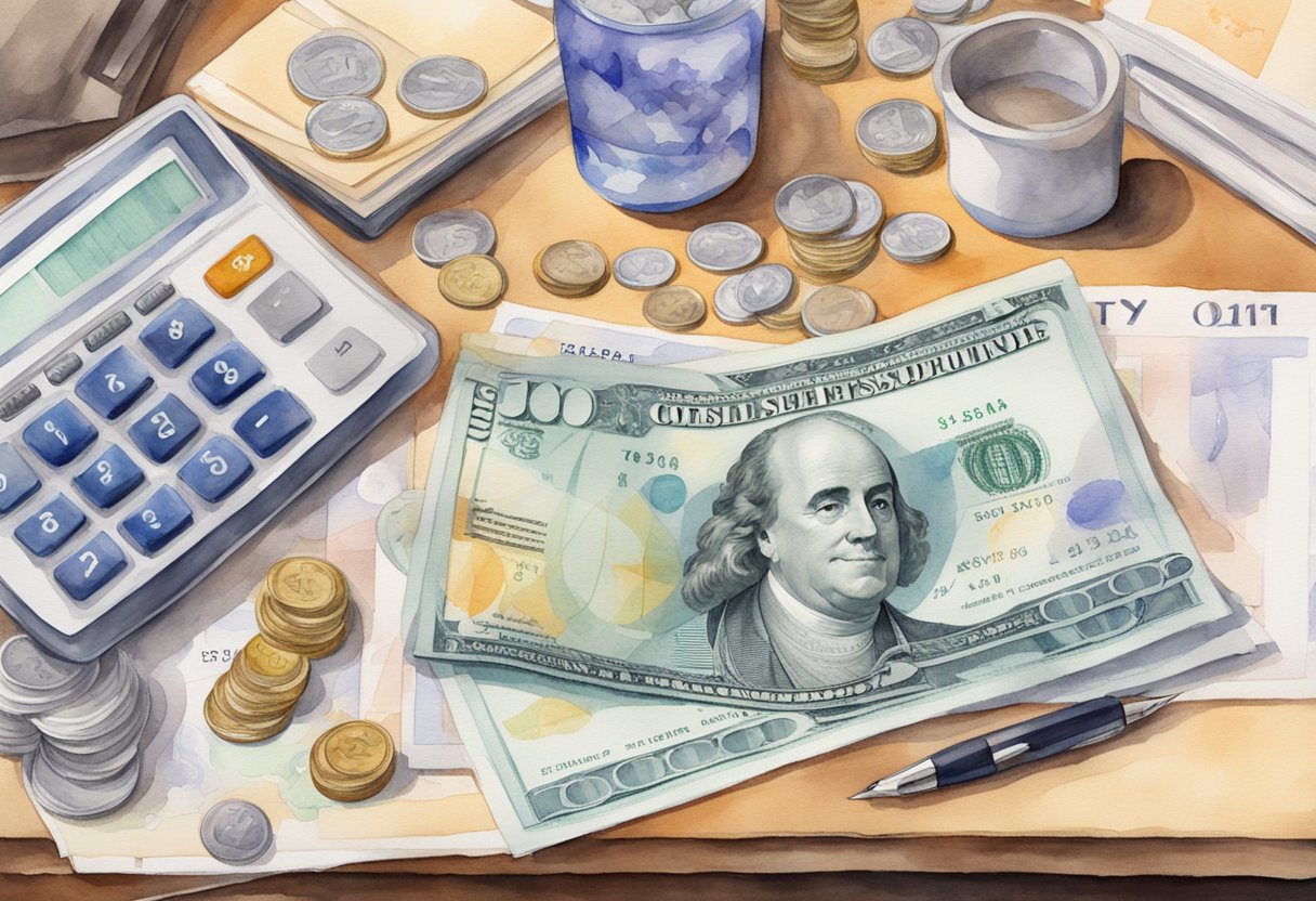 A table with scattered bills and coins, a calculator, and a document showing "Social Security Lump-Sum Payment" options