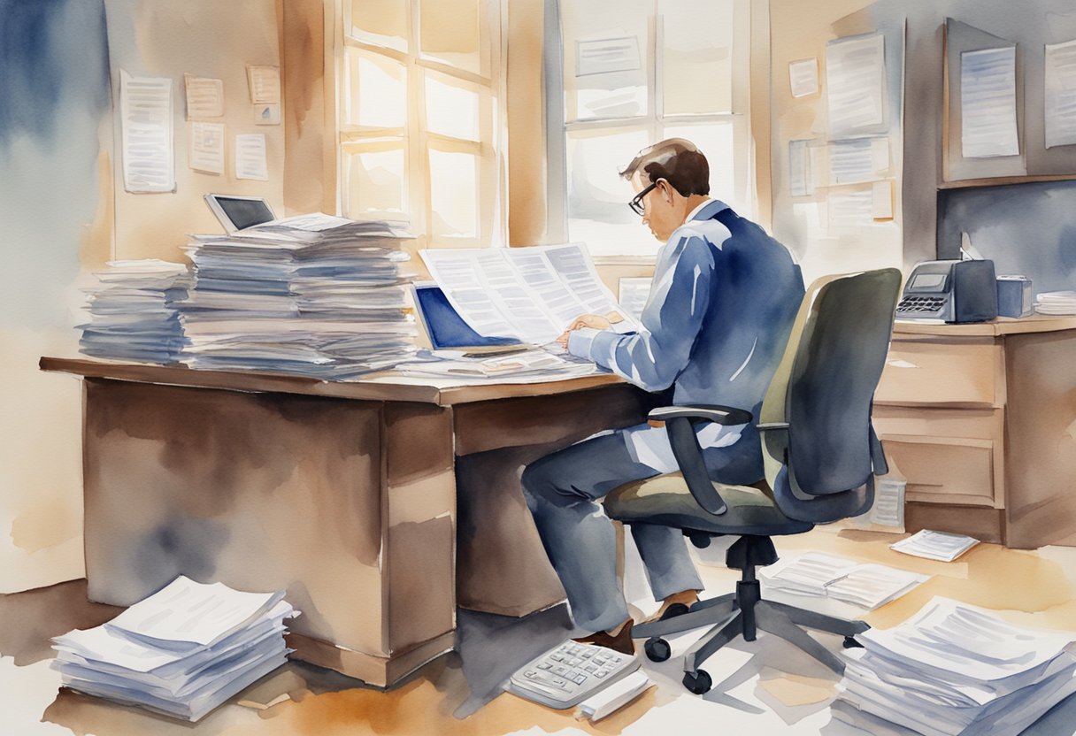 A person sitting at a desk, surrounded by paperwork and a computer, with a calculator and financial documents spread out, looking contemplative