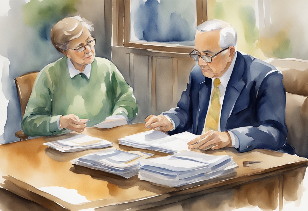 A person sitting at a desk, talking to a professional advisor about taking their social security in a lump sum. The advisor is listening attentively and offering guidance