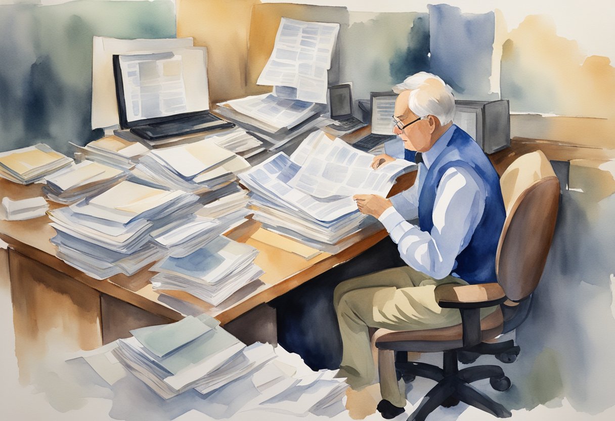 A person sitting at a desk, surrounded by papers and a computer, with a puzzled expression while reading a document titled "Frequently Asked Questions: Can I take my social security in a lump sum?"