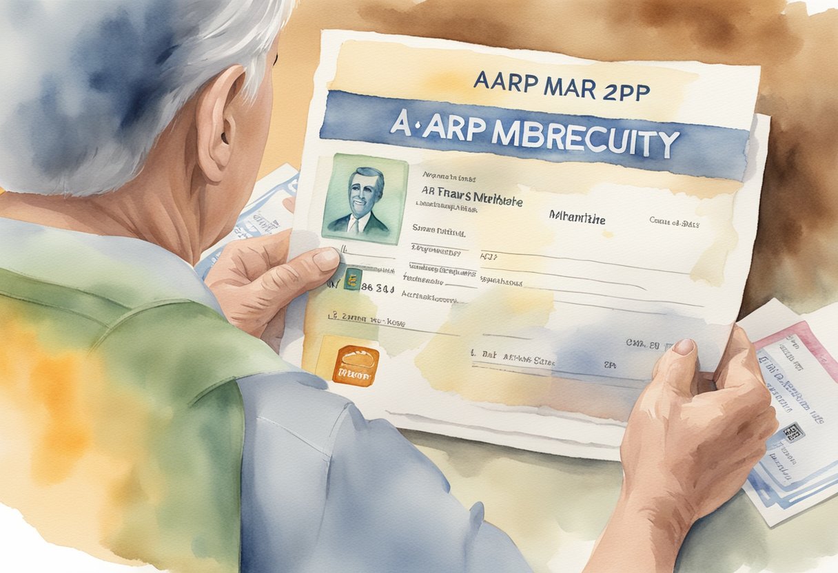 A person with an AARP membership card, a Social Security statement, and a marriage certificate, with a question mark above their head
