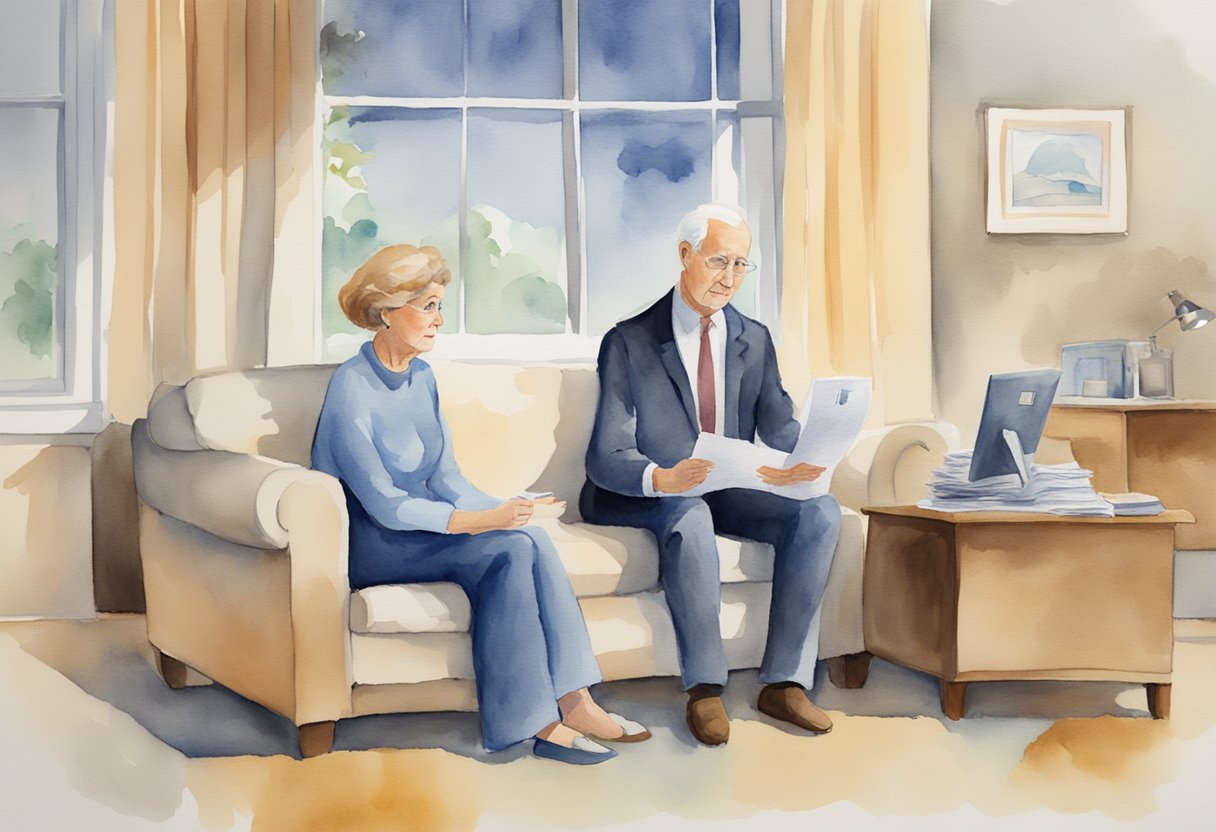 An ex-wife looks at a remarried man's social security. A question mark hovers above her head